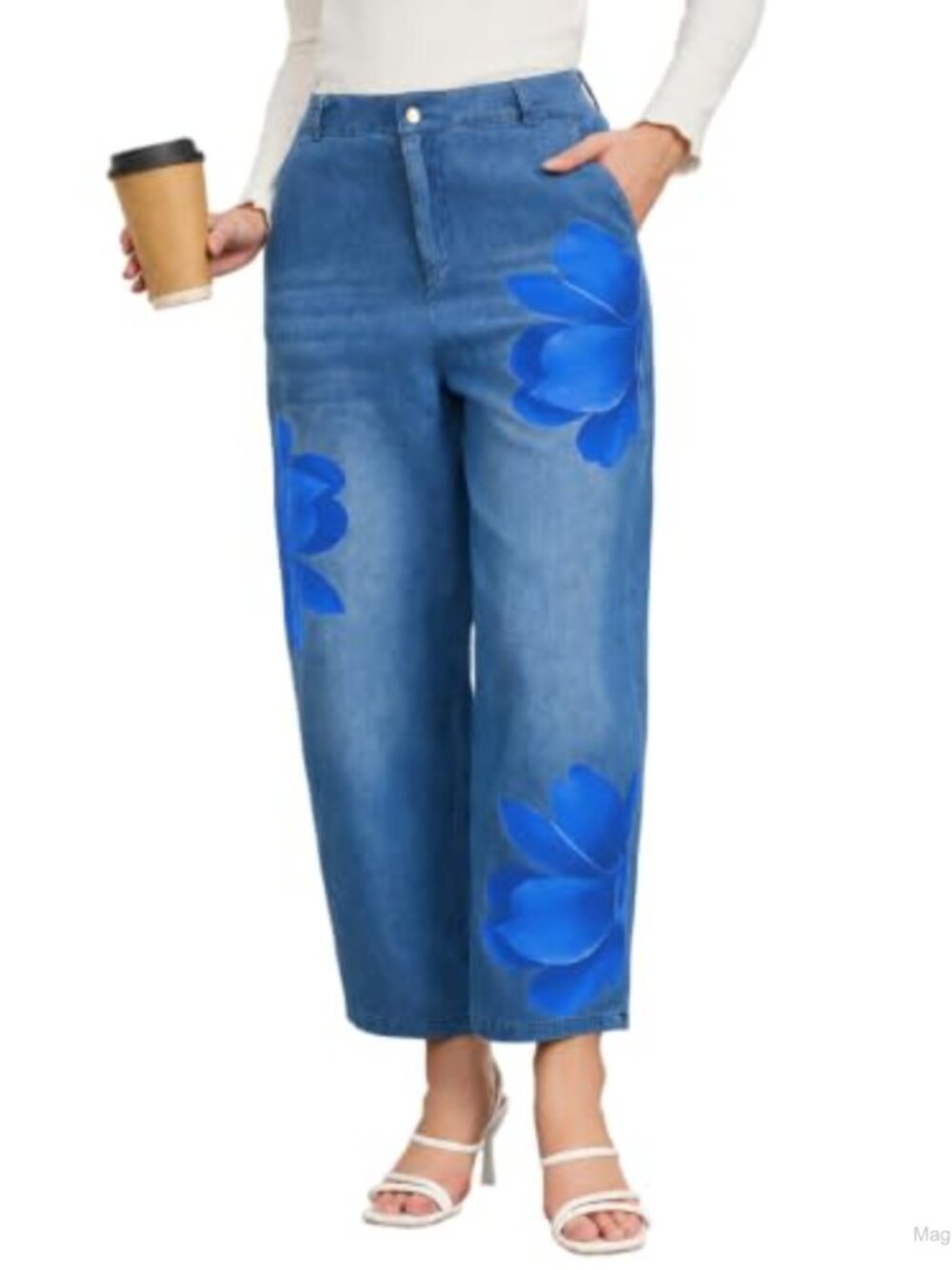 Womens Floral Print Wide Leg Cropped Jeans Baggy Boyfriend Denim Ankle Pants